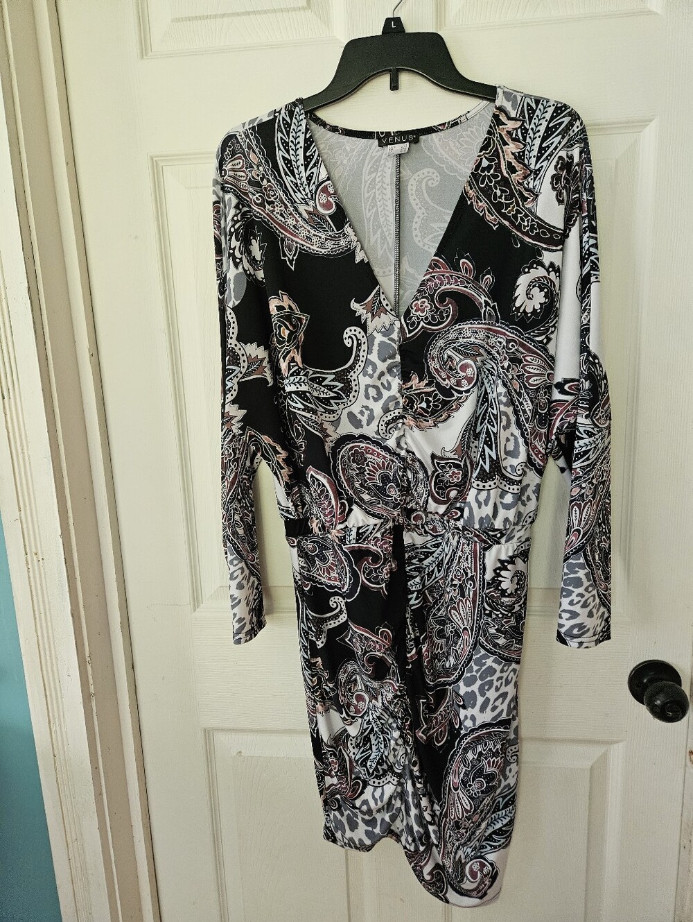 VENUS Black, White and Pink Paisley Wrap Dress